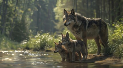 Fototapeta premium A couple of wolf standing next to a river
