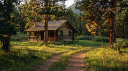 A rustic wooden cabin nestled among tall pine trees in a secluded forest.