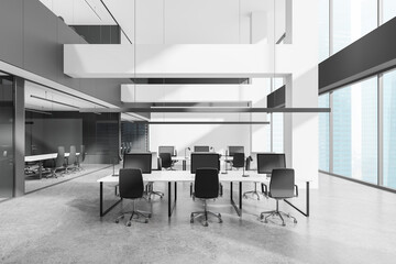 Industrial office room interior with coworking and conference room, window