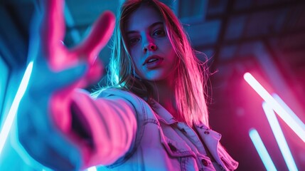 Young woman reaching out in futuristic neon lights scene
