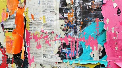 Fototapeta premium grungy urban collage of torn newspaper clippings and vibrant graffiti layered textures street art