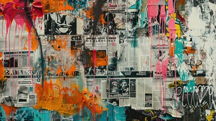grungy urban collage of torn newspaper clippings and vibrant graffiti layered textures street art