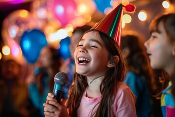Happy Girl Singing Karaoke at a Birthday Party