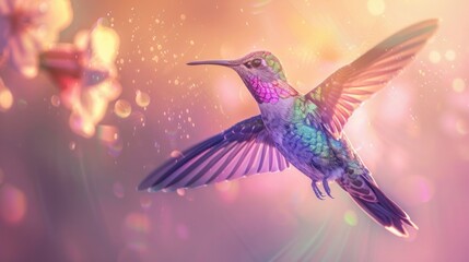 Obraz premium yperrealistic illustration of iridescent hummingbird midflight vibrant jeweltoned feathers capture light