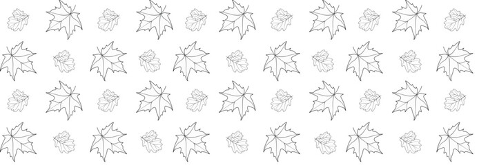 Seamless background of autumn leaves. Pattern of black and white tree leaves on a white isolated background. Oak and maple leaves