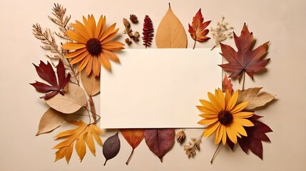 Cozy autumnal composition featuring blank paper, dried leaves, and flowers on a soft beige background, perfect for overlaying text or images, evoking warmth and serenity.