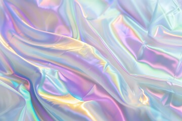 Obraz premium Iridescent Pastel Rainbow Background with Wavy Folds, Holographic Effect, Soft Light and Pastels Creating Hologram Texture, Shiny Foil Style