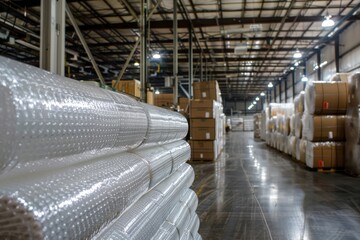 Warehouse Interior with Stacks of Bubble Wrap Rolls