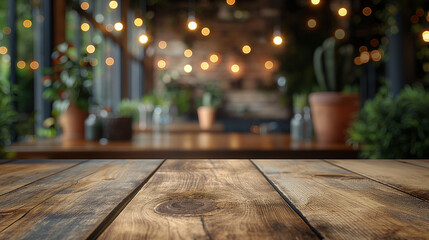 Empty wooden table top with lights bokeh on blur restaurant background.