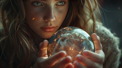 Naklejka premium Girl holding glowing globe with intense stare, ethereal.