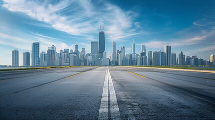 Obraz premium A wide highway leads directly to a striking city skyline under a partly cloudy sky The scene highlights modern skyscrapers and diverse architecture with the road stretching out symmetrically