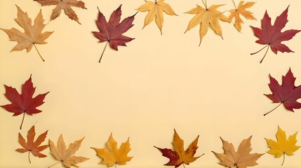 Top view of dry maple autumn leaves on pastel yellow background with ample copy space for text