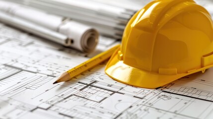 Yellow hard hat on architectural blueprints with pencil