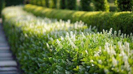 meticulously manicured white privet hedge stretches towards vanishing point crisp lines and lush