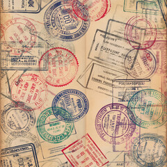 Passport Pages Filled with International Travel Stamps - Colorful Entry and Exit Visa Marks from Various Countries, Reflecting Extensive Global Exploration and Frequent Travel - Overlapping Immigratio