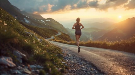 Obraz premium moving shot of woman running on a mountain road at