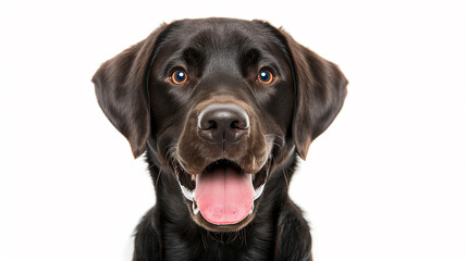 Close-up of a happy black Labrador Retriever with a joyful expression and a big smile on a white background.