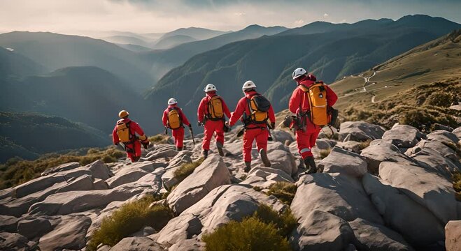 Group of rescuers in the mountain.