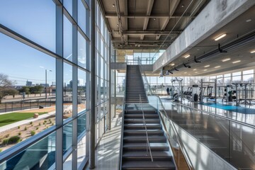 Obraz premium Modern Stairwell with Glass Walls and a View of the City