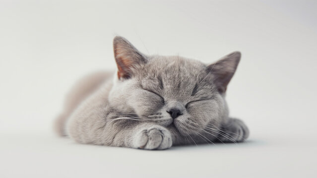 A British Shorthair kitten peacefully sleeping with its paws tucked under its chin on a soft white background.