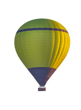 Montgolfi&egrave;re verte et jaune en vol, vue isol&eacute;e en plein ciel, vol paisible par temps clair, ballon &agrave; air chaud avec nacelle, activit&eacute; de loisir estivale