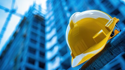 Yellow hard hat with construction site in background.