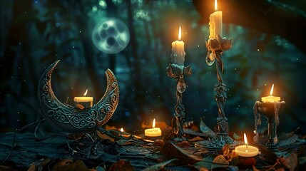 Fototapeta premium A mystical forest scene with flickering candles and a symbolic moon amulet casting their glow against the dark abstract backdrop of nature.