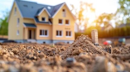 New house construction site with soil and bricks