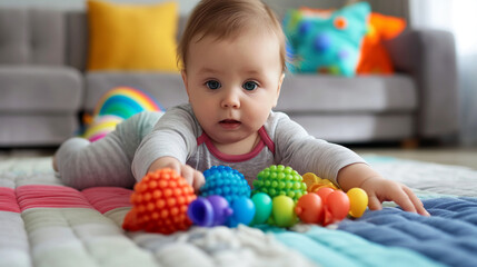 Obraz premium baby playing with toys, A Brightly colored and toys designed for tummy time, encouraging a baby to lift their head and explore