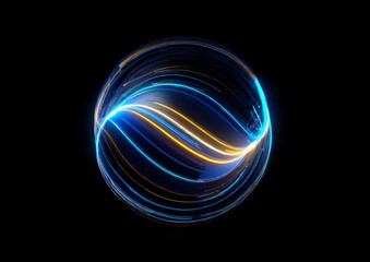 カラフルな光の線が渦巻く抽象的な球体と黒背景