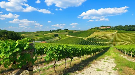 Rolling green hills dotted with vineyards and a winding dirt path leading through the rows of vines, all under a bright blue sky
