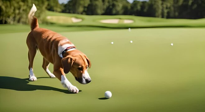 Dog playing golf on a golf course.