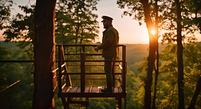 Forest guard on a watchtower in the forest.