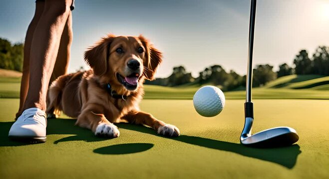 Dog playing golf on a golf course.