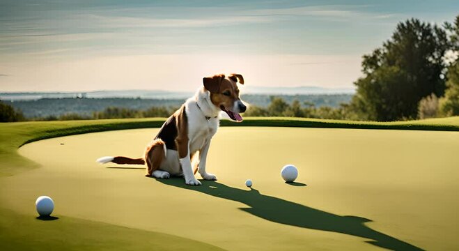 Dog playing golf on a golf course.