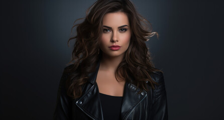 Fototapeta premium Beautiful Woman in Black Leather Jacket Posing with Her Hair