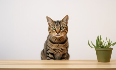 Obraz premium Brown Tabby Cat with Green Eyes Sitting on Top of a Table