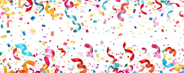 Obraz premium Colorful Confetti and Ribbons on White Background, Flat Lay Banner Design with Copy Space for Celebration or Partying Event, Hand Drawn Style