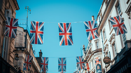 a series of Union Jack flags strung across a street between buildings. The flags are fluttering in the breeze against a clear blue sky