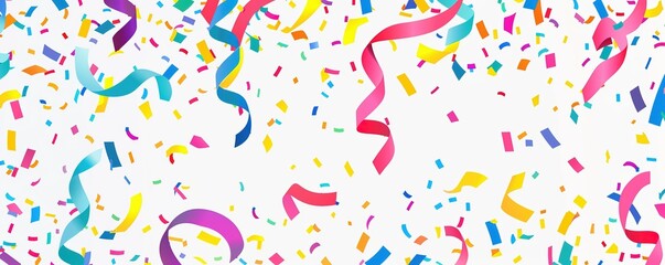 Obraz premium Colorful Confetti and Ribbons on White Background, Flat Lay Banner Design with Copy Space for Celebration or Partying Event, Hand Drawn Style