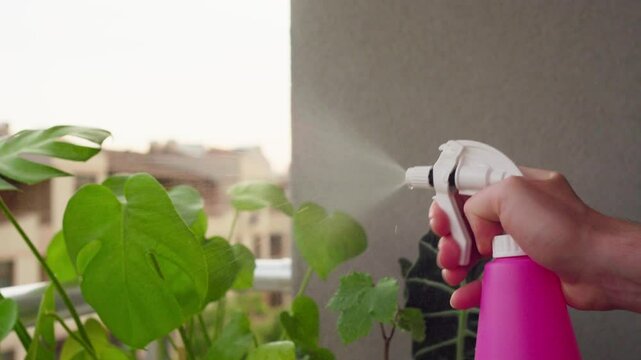 Person spraying plants in balcony garden in slow motion