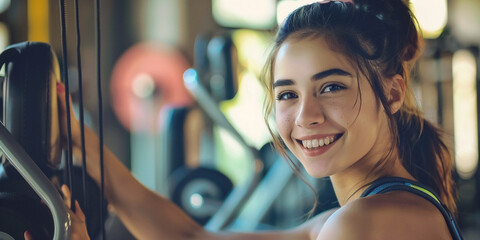 Obraz premium Smiling Woman Working Out in Gym Setting