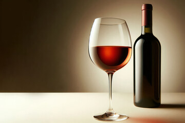 A glass of wine in front of a bottle. Space for text.