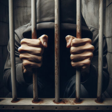 A hooded man sitting behind bars.