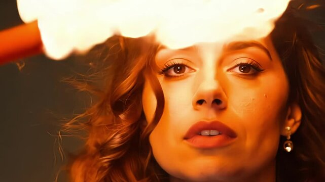 A slowmotion shot of a woman gracefully twirling a flaming baton her expressive eyes and wild hair illuminated by the glowing flames.