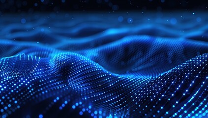 Abstract Blue Digital Background with Glowing Particles and Waves Representing AI Technology Concept