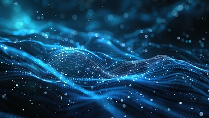 Abstract Blue Digital Background with Glowing Particles and Waves Representing AI Technology Concept