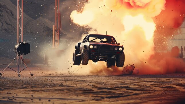 Stunt driver performing in a movie set