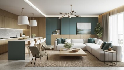 Design a modern, contemporary living room combined with a kitchen. Use calming colors in harmony with natural materials such as stone and wood
