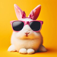 Cute easter concept holiday animal celebration greeting card- cool easter rabbit, rabbit with sunglasses, isolated on blue background